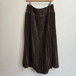 Talbots Womans Vtg Y2K Fairy Boho Brown Silk Embellished Crinkle Midi Skirt 16W